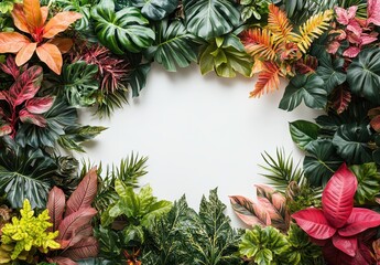 Poster - Vibrant Assortment of Tropical Leaves and Ferns Framing a Blank Space for Text or Design Elements in a Fresh and Lively Composition