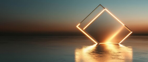 Poster - A 3D abstract neon background featuring blue and yellow square frames in sequence, glowing with light, represents holographic technology, the ultraviolet spectrum, and digital file storage, evoking
