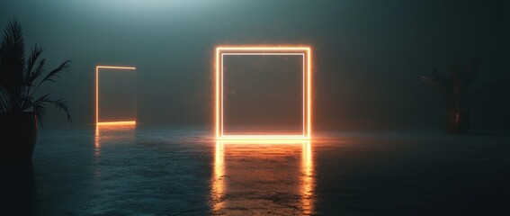 Poster - The concept of a 3D abstract neon background with blue and yellow square frames in sequence symbolizes holographic technology and the ultraviolet spectrum, while also representing digital file