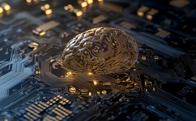 Poster - A human brain-shaped electronic chip is depicted in electronic cyberspace, serving as an illustration for the subject of stock
