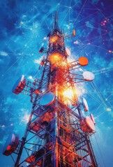Poster - Vibrant Communication Tower with Abstract Cosmic Background and Data Connections Illuminating Modern Wireless Technology and Connectivity at Night