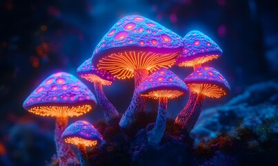 Poster - Glowing psychedelic mushrooms with vibrant colors illuminating a dark mysterious forest