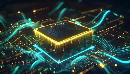 Poster - Abstract Digital Core Glowing With Cyan And Gold Hues
