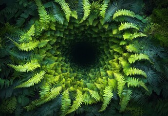 Poster - Vibrant Green Ferns Form a Hypnotic Spiral Pattern Leading into Darkness, Capturing Nature's Intriguing Patterns and Depths of the Forest Floor