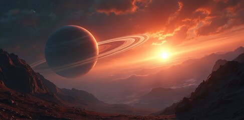 Wall Mural - majestic planet with rings orbits in endless cosmos with radiant sun in vibrant sky. futuristic scen