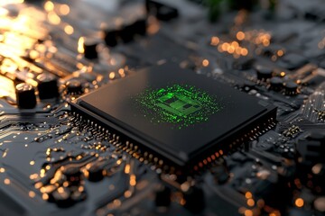 Poster - A futuristic green CPU processor concept for quantum computing is depicted in a 3D illustration