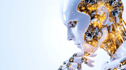 Thoughtful humanoid robot, glowing internal circuitry, profile view.