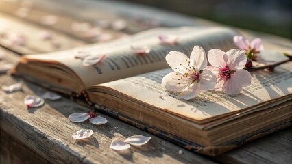 Poster - Cherry blossom resting on an aged poetry book with soft natural light in pastel tones.