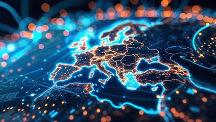 Poster - Digital map of Europe illuminated with glowing lights, showcasing connectivity and technology trends