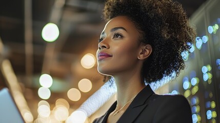 Poster - A female programmer at a data center uses a laptop computer, while an IT specialist handles maintenance, in a cloud computing server farm where a smiling system administrator works on cyber security