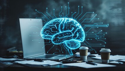 Poster - Digital representation of a brain with circuit patterns emerging from a laptop during a creative brainstorming session in a cluttered workspace