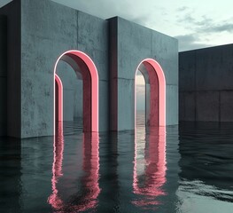 Poster - The background is a futuristic abstract representation of a gate illuminated by pink and blue neon lights, with a 3D glow reflected in the water, created as a sci-fi render illustration