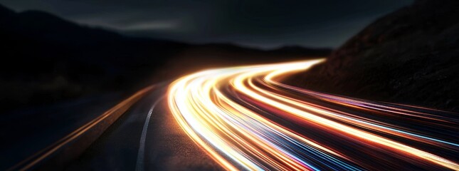 Poster - A 3D rendering featuring an abstract panoramic backdrop adorned with radiant neon lines, set within an empty virtual space