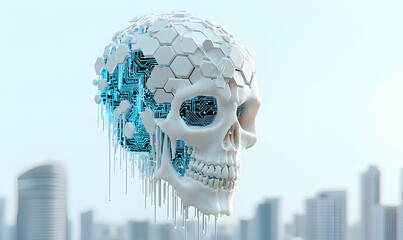 Poster - Futuristic Skull with Circuit Design and Urban Background