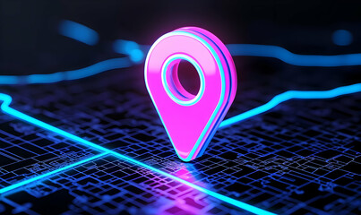 Poster - Neon Location Pin Icon on Digital Map Background with Blue Lines