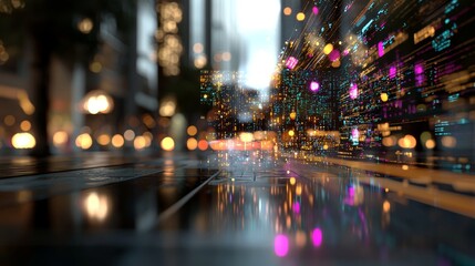Poster - A 3D rendering of an abstract urban backdrop featuring radiant neon illumination, set within a virtual reality cyberspace environment, suitable as a digital wallpaper