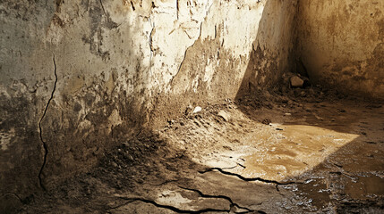 Aufkleber - Cracked wall and muddy floor corner, showing sunlit texture of aged concrete and earth, suggesting decay, ruin, or neglect