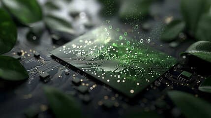 Poster - The image is a 3D render of an abstract background that incorporates a microchip radiating a vibrant green neon fluorescent light, evoking the concept of a virtual reality matrix and cyber network,