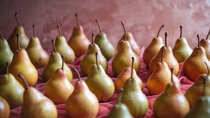 Poster - Freshly harvested pears arranged neatly on a textured surface, showcasing their vibrant colors and droplets of water