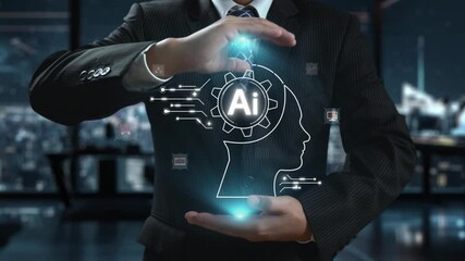 Poster - human interact with ai artificial intelligence brain processor in concept of ai artificial intellige