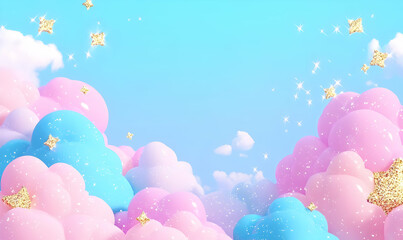 Poster - Soft Pink and Blue Clouds with Stars and Sparkles in Sky Background