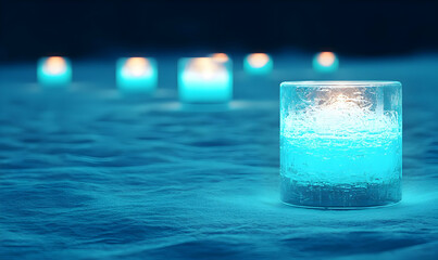 Poster - Glowing Ice Candles on Water with Soft Blue Mood Lighting