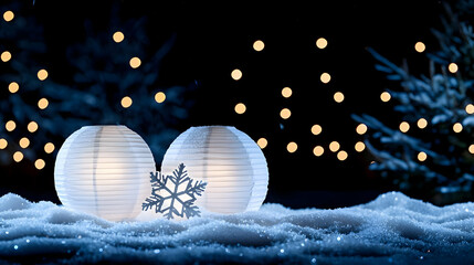 Poster - Soft White Lanterns in Snow with Winter Background and Bokeh Lights