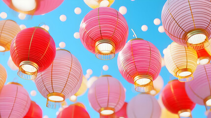 Poster - Colorful Floating Lanterns Against Clear Blue Sky in Daylight