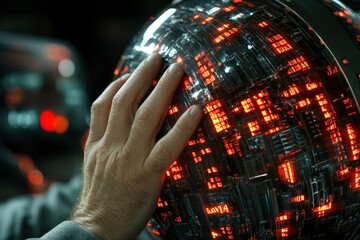Poster - close up of hand touching futuristic glowing orb with intricate patterns, evoking curiosity and wonder