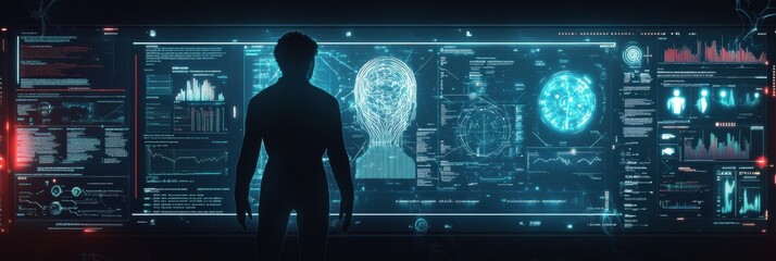 Fototapete - Futuristic interface showcases glowing AI analytics in a dark space with immersive neural network visuals and human interaction Generative AI