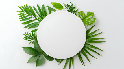 Poster - White Circular Plate Surrounded by Lush Green Leaves and Foliage