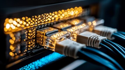 Poster - A server room in a company that is working on a quantum computer features a network background with internet cables, wires, and a switch