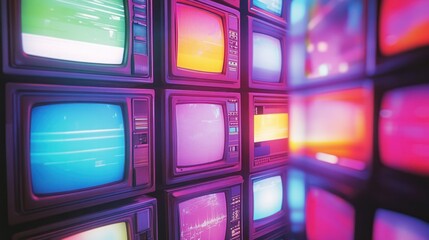 Poster - Retro TVs wall with vibrant neon colors and static screens.