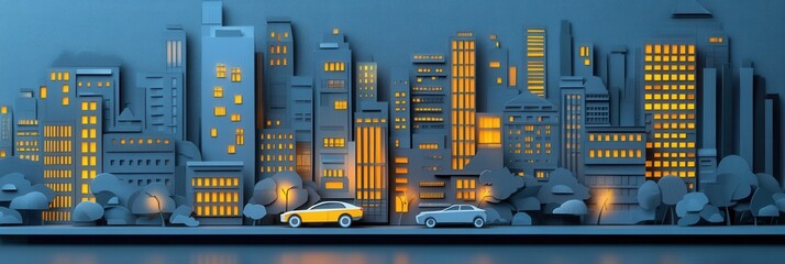 Poster - Layered paper art showcasing a modern city skyline with glowing windows and minimalist urban design at night