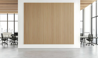 Poster - Modern Office Interior with Vertical Wood Panel Wall Design