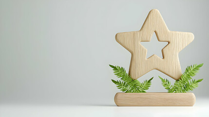 Poster - Wooden star decoration with green ferns on a minimalist background