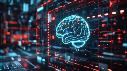 Digital brain hologram in tech interface