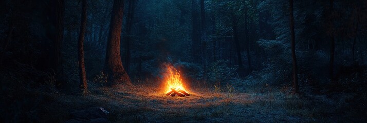 Poster - Solitary campfire flickering in a forest clearing at night with trees surrounding an inviting light Generative AI