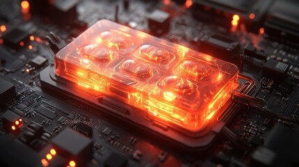 Poster - Glowing orange processor on circuit board.