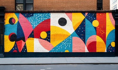 Poster - Colorful abstract geometric mural on a brick wall creating a vibrant street art scene