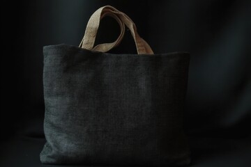 Poster - Simple black fabric tote bag with natural handles displayed against a dark background in a minimalist setup