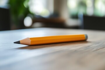 Poster - Yellow pencil rests on a wooden table in a well-lit indoor space during daytime