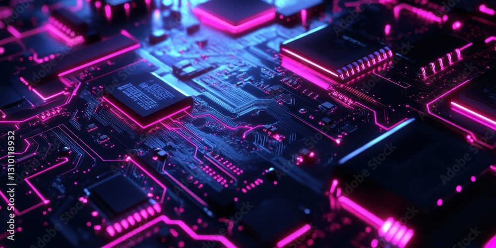 Futuristic neon circuit board with glowing pink and blue lights Stock ...