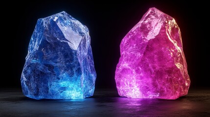 Poster - The notion of quantum computing potential. A collection of lively, illuminated crystals lies on a dark surface, reflecting light in pink and blue tones