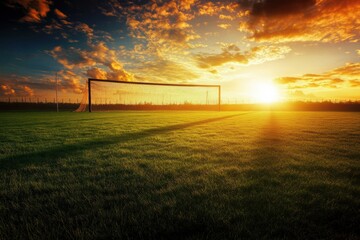 Aufkleber - Wide angle view of a soccer field at sunrise with golden rays casting long shadows Generative AI