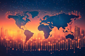 Poster - a depiction of the global market with colorful digital financial charts and diagrams on a dark backg