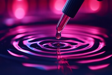 Poster - The idea of a dropper dispensing liquid: A dropper and red liquid produce colorful water ripples, resulting in vibrant circles on a smooth surface