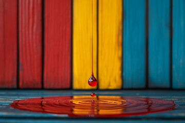 Poster - The notion of a dropper releasing liquid: A dropper and red liquid create colorful water ripples, forming vibrant circles on a smooth surface