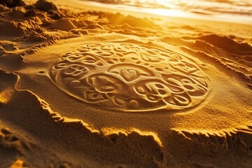 Leinwandbilder - Intricate sand drawings depicting creative symbols illuminate by warm golden light at the beach during sunset
