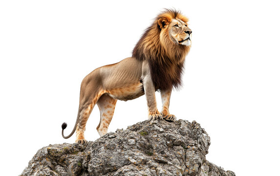 A Majestic Lion Standing Proudly on a Rocky Outcrop Overlooking the Wild Isolated on transparent background PNG